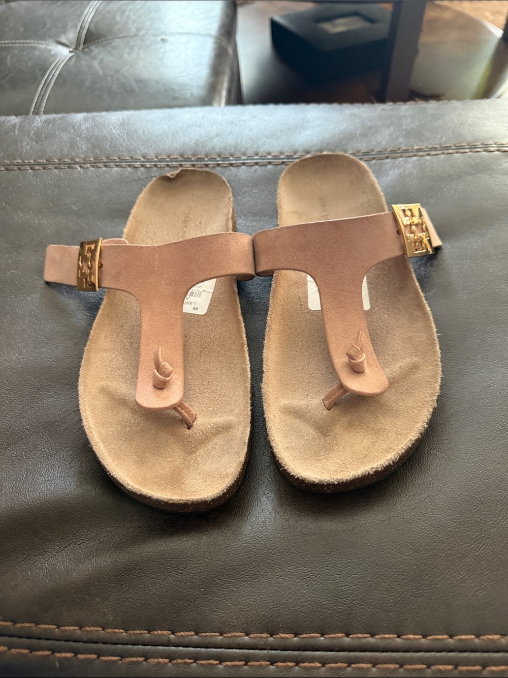 Tory Burch Dusty Pink Suede Toe-Post Sandals with Gold Logo Buckle